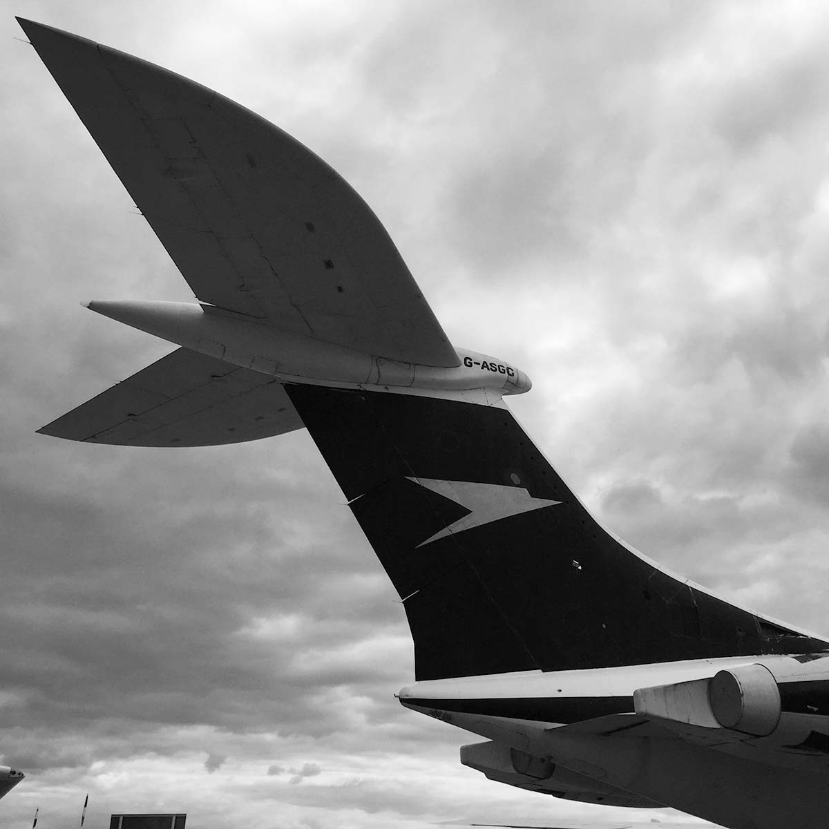 The tail of a Vickers Super VC10. It has a particular shape, it looks like a small airplane attached to a bigger one.