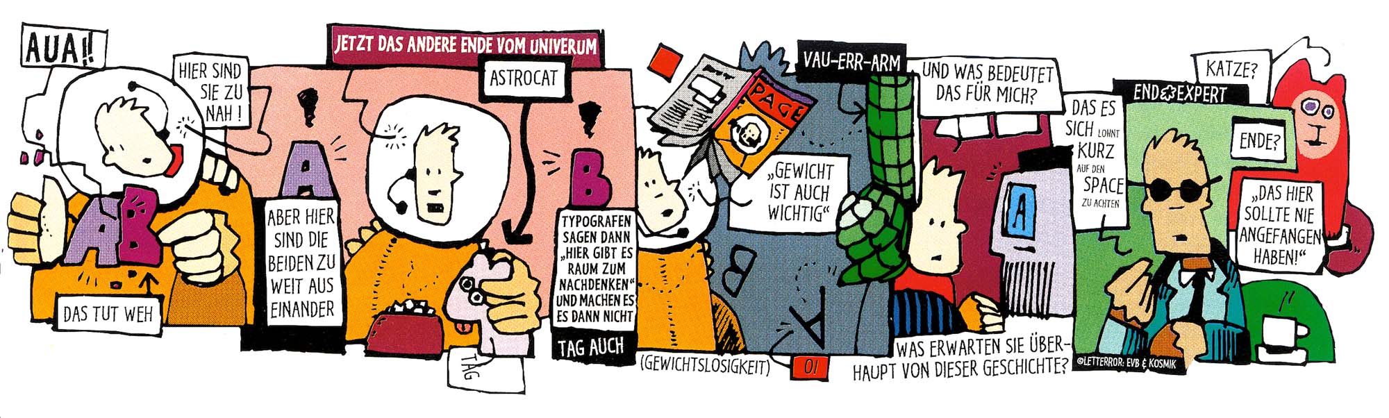 A cartoon in which Typoman explains spacing. Here Typoman speaks German, for some reason.