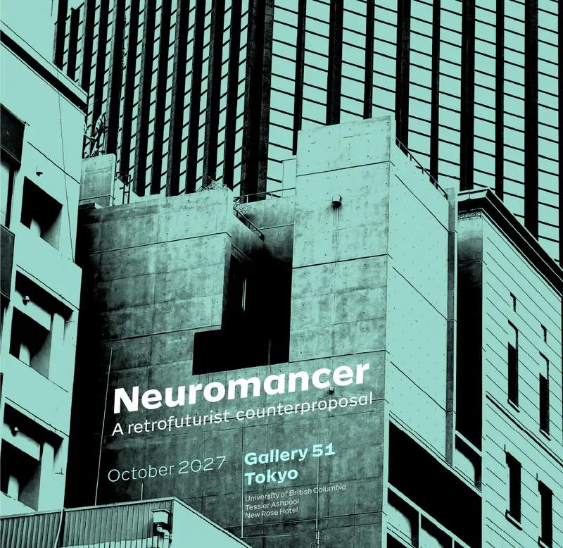 Photo of a highrise in Tokyo. Letters on a blind wall says Neuromancer.