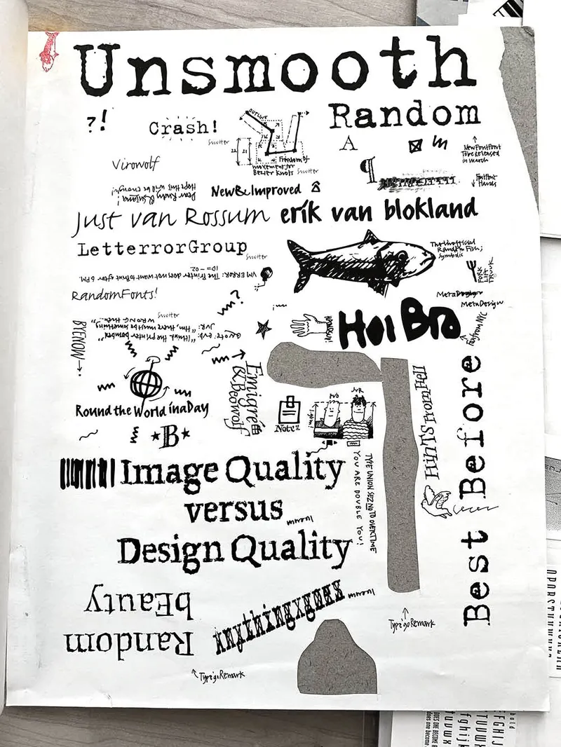 Photo of text settings for the LettError Emigre article. Words in Beowolf, Trixie and Hands, intended for the Emigre designers to cut out and paste up.
