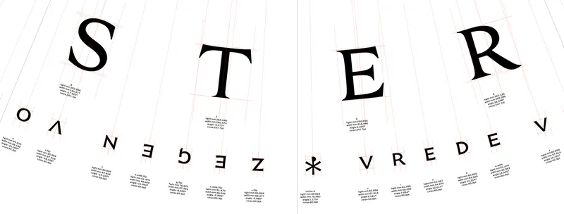 Detail of the letters as Drawbot positions them. Lines for bounding box and angles. 