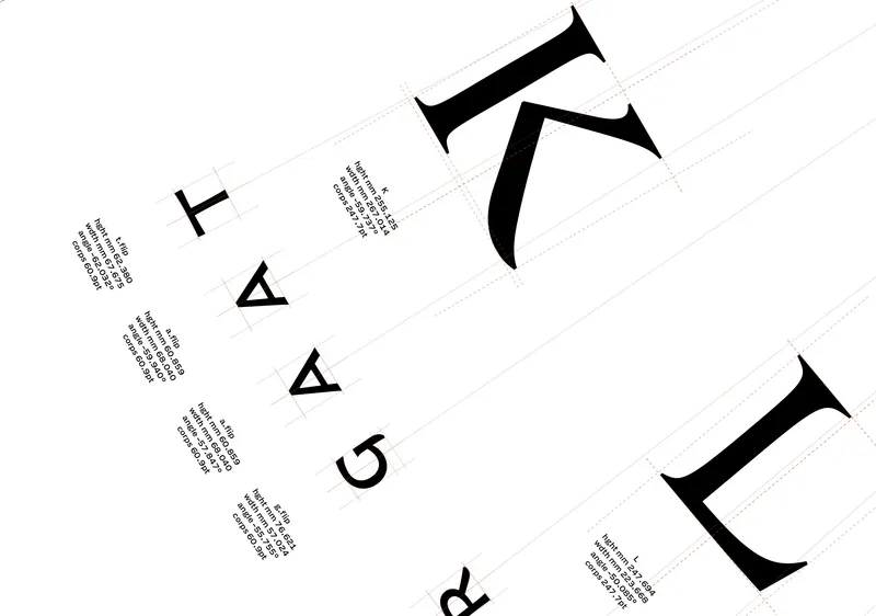 Close up of the letters as Drawbot positions them. Lines for bounding box and angles. 
