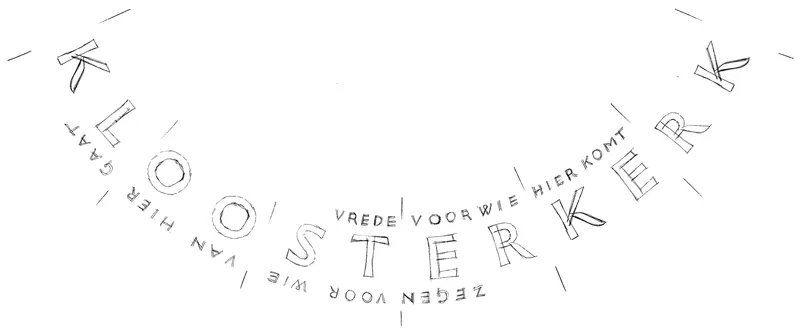 Handdrawn sketch of the letters on a circular grid.