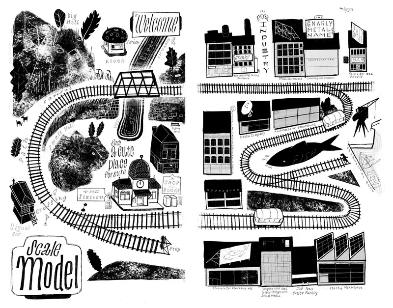 An illustrative map with a train track and some items around it. © Erik van Blokland. All rights reserved.