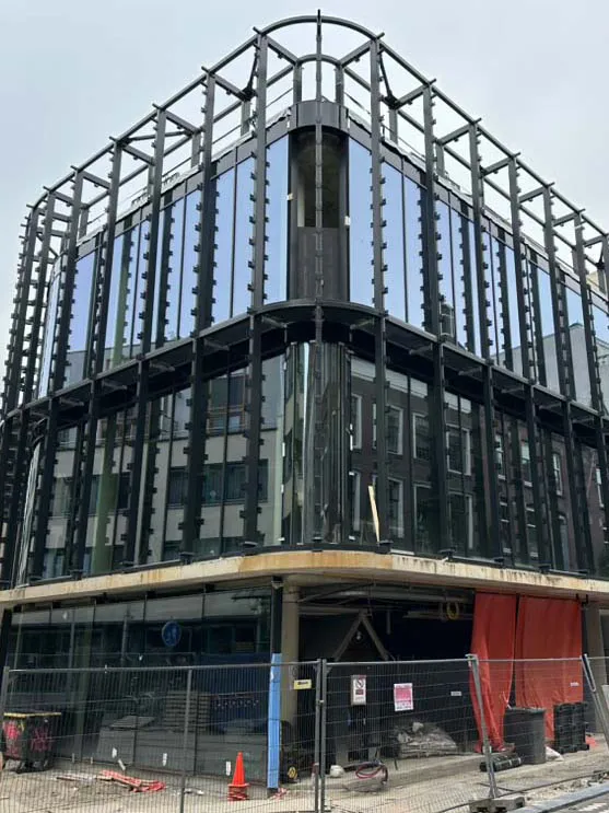 Support framework in front of the building.